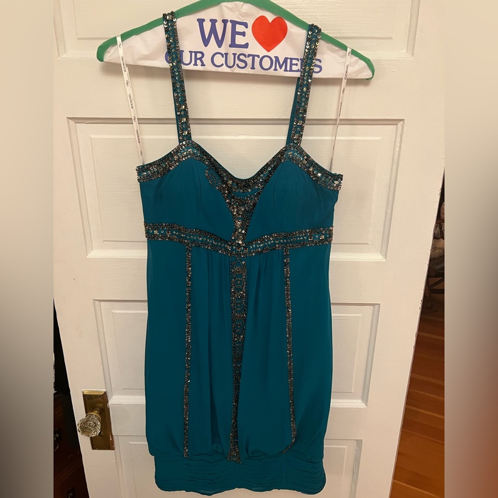 Sue Wong Nocturne Teal Beaded Bubble Hem Cocktail Dress Women's Size 10 Empire